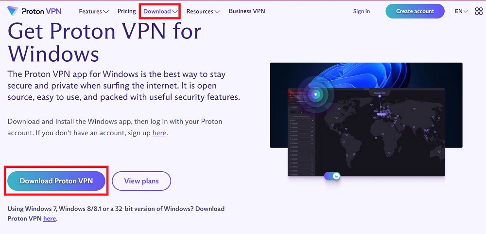 Truy cập trang web chính thức của Proton VPN và tải xuống phần mềm phù hợp với hệ điều hành của bạn