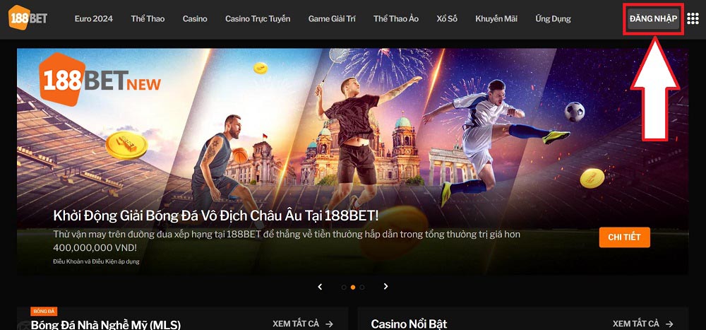 Chọn Đăng Nhập tại trang chủ nhà cái 188Bet