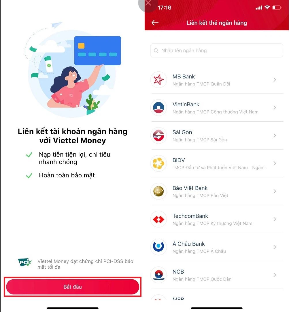 Nhấn "Bắt đầu" và chọn ngân hàng bạn muốn liên kết