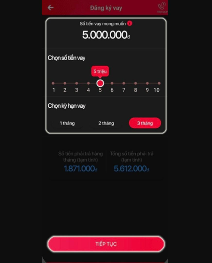 Nhập số tiền bạn muốn vay để nạp vào tài khoản 188Bet