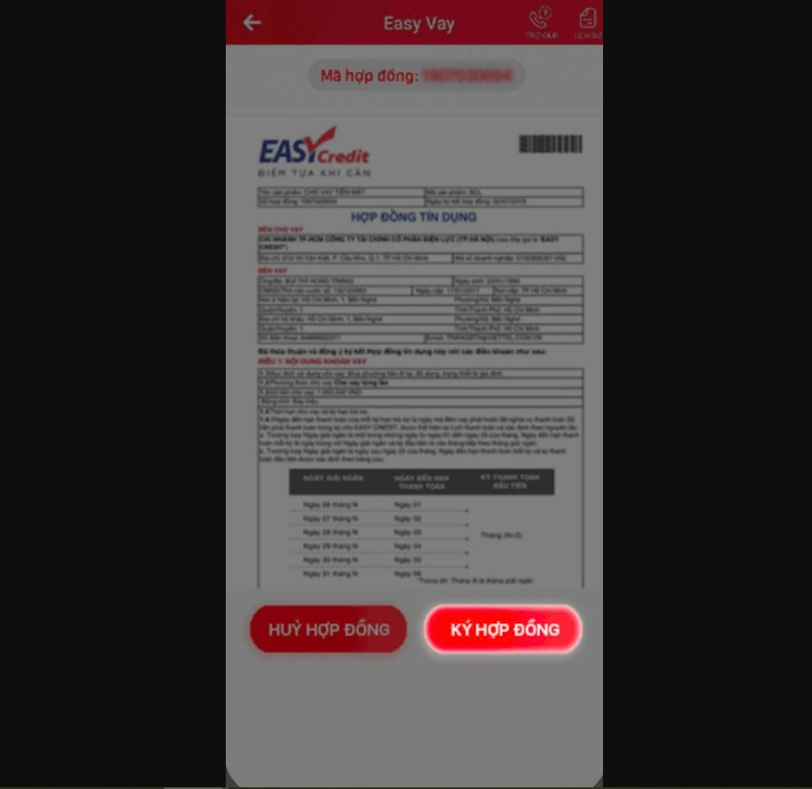 Đọc thông tin hợp đồng vay và chọn "Ký hợp đồng" Viettel Money
