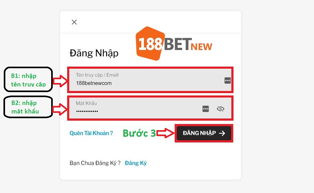 Điền thông tin tên tài khoản và mật khẩu 188Bet