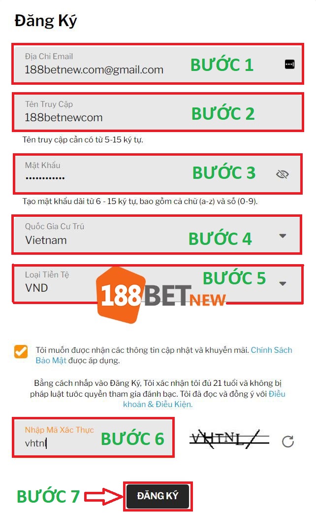 Điền biểu mẫu đăng ký 188Bet theo các thông tin hướng dẫn