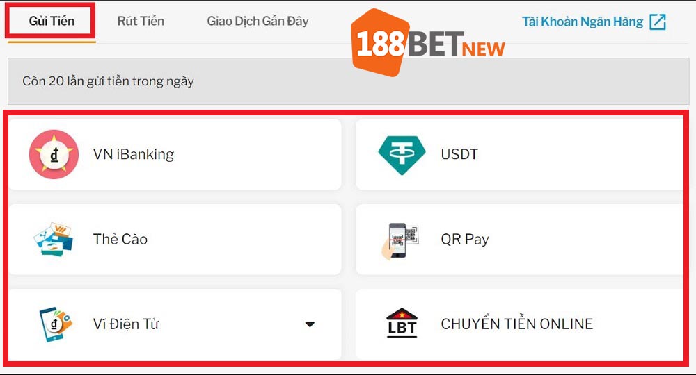 Các hình thức nạp tiền phổ biến tại 188Bet