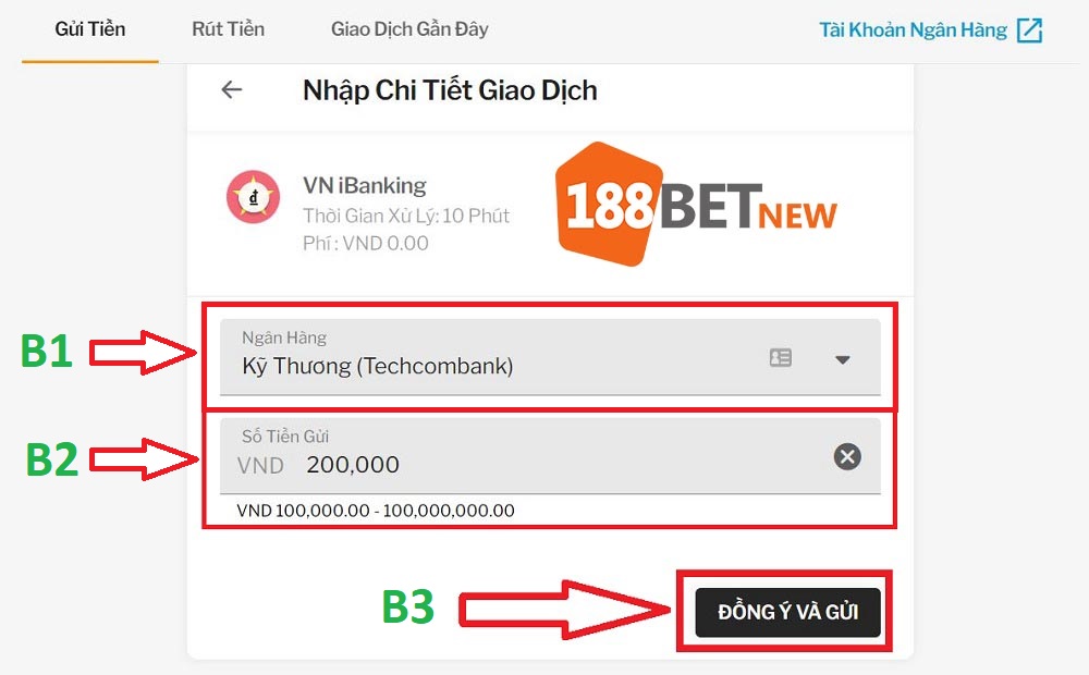 Nhập thông tin chi tiết giao dịch qua ngân hàng để nạp tiền 188Bet
