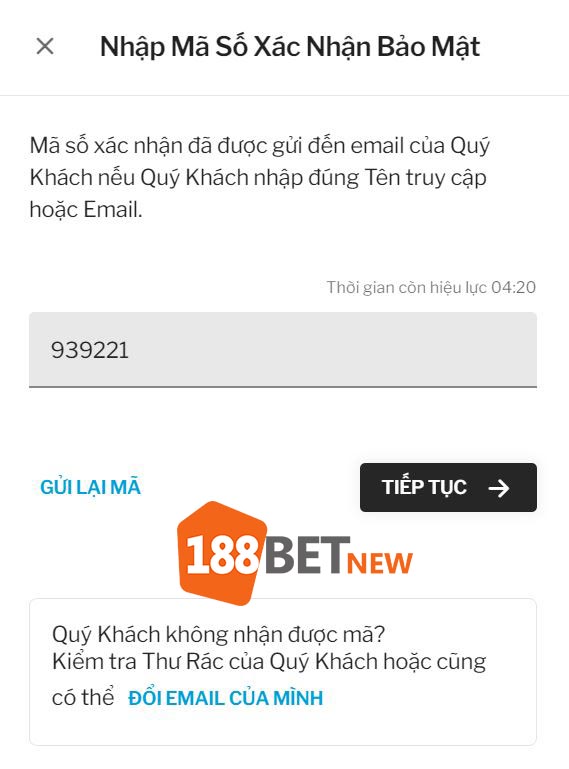Nhập mã xác minh tài khoản 188Bet được gửi qua email của bạn