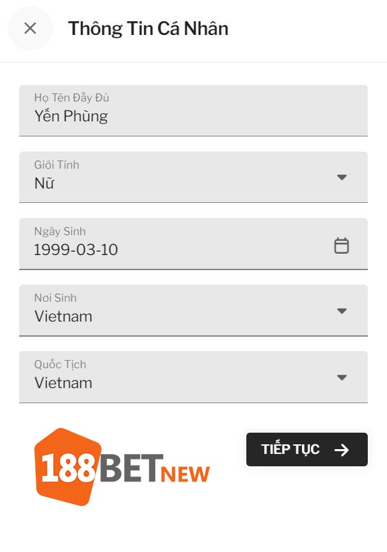 Hoàn tất thông tin đăng ký tài khoản 188Bet