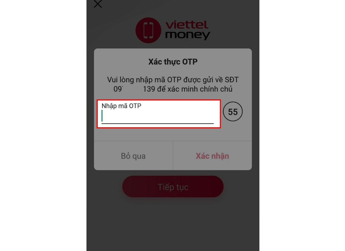 Nhập mã OTP được gửi đến số điện thoại