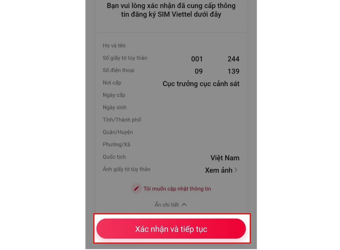 Kiểm tra thông tin và chọn "Xác nhận và tiếp tục"
