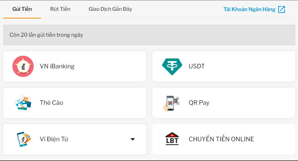 188Bet hỗ trợ nhiều phương thức thanh toán