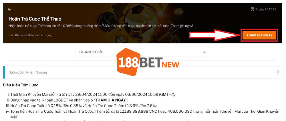 Tham gia chương trình hoàn trả cược 188Bet