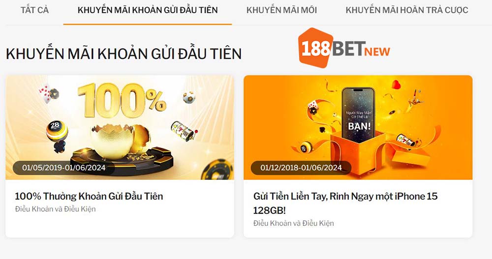 Khuyến mãi nạp tiền khoản gửi đầu tiên tại 188Bet