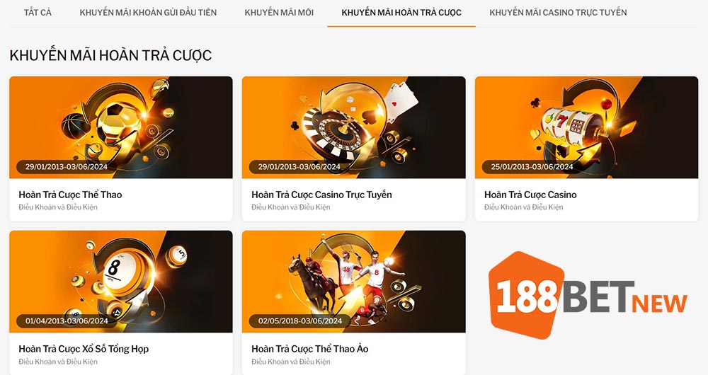Các chương trình khuyến mãi hoàn trả cược tại 188Bet