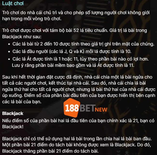 Nắm vững luật chơi BlackJack trực tuyến tại 188Bet