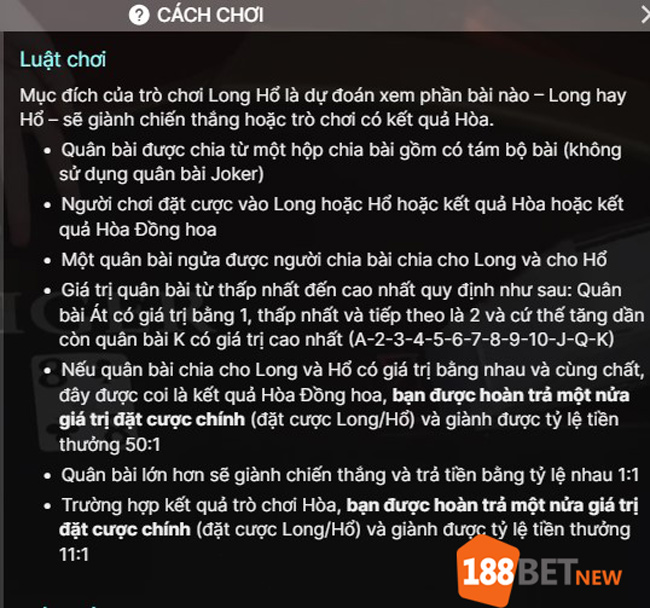 Luật chơi Rồng Hổ trực tuyến tại 188Bet
