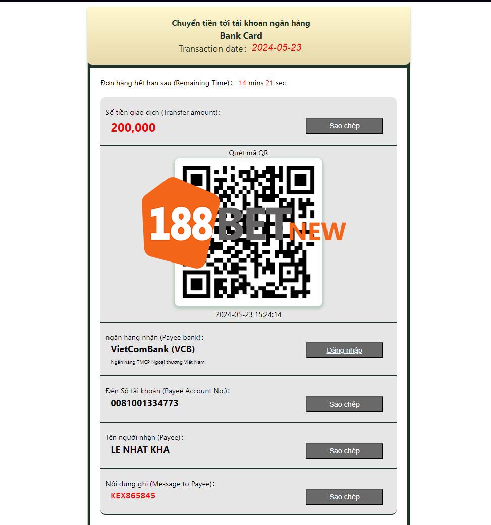 Nạp tiền 188Bet qua chuyển tiền online