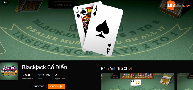 Sảnh trò chơi Blackjack cổ điển tại 188Bet