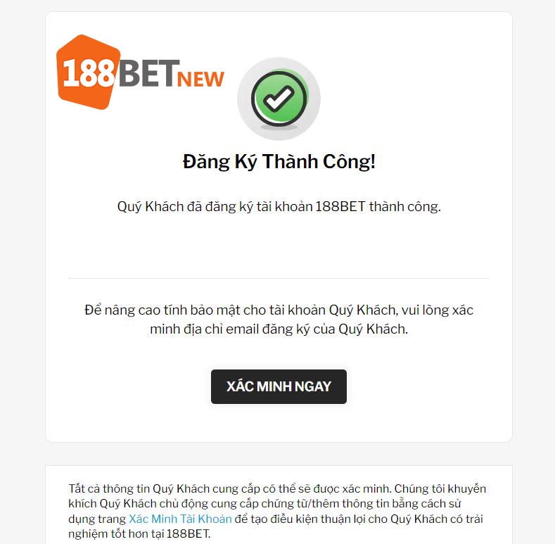 Đăng ký tài khoản 188Bet thành công