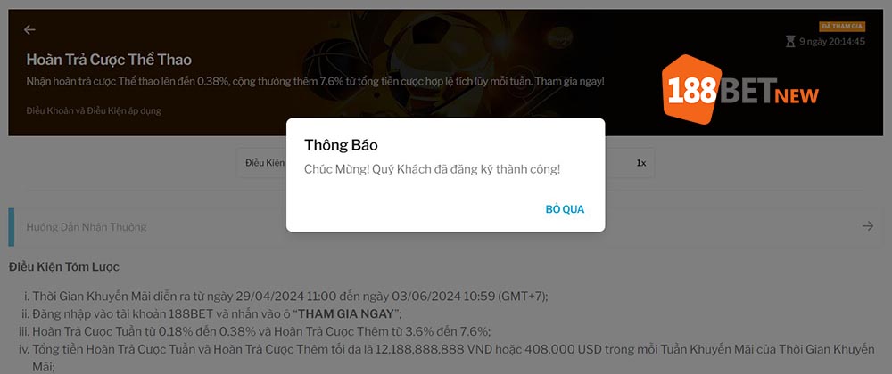 Đăng ký thành công chương trì hoàn trả cược 188Bet