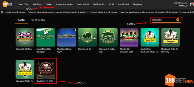 Truy cập game Blackjack Tia Chớp 188Bet