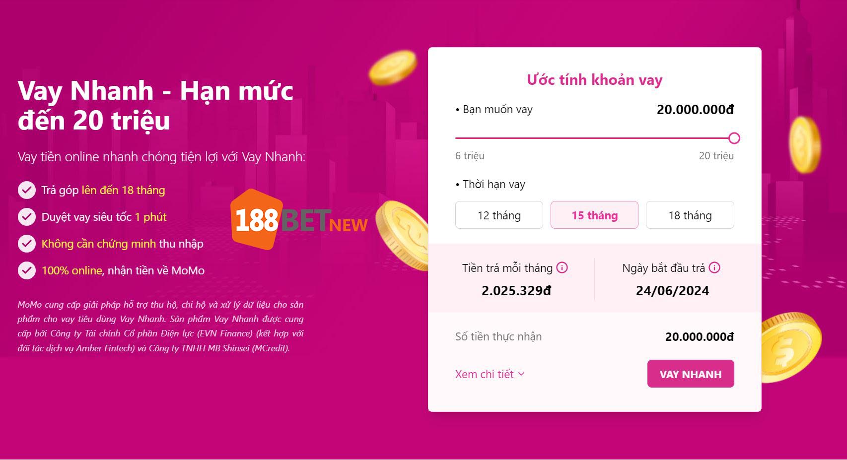 Điều kiện và hạn mức vay tiền qua MoMo để chơi 188Bet